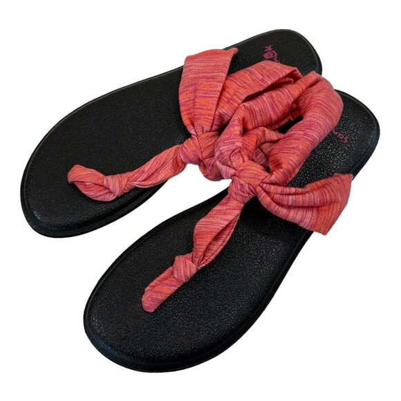 Sanuk Women SZ 7 Orange Stripes T-Strap Fabric Sandal Shoes Comfy Padded Insole - Picture 2 of 10